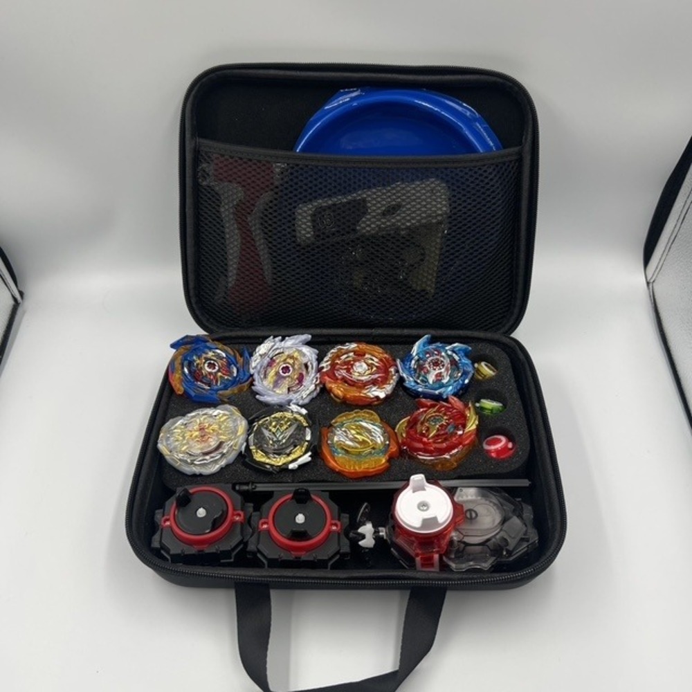 Beyblade Burst Lot 8 Tops Launchers Stadium and SB Hardshell Carrying Case Set